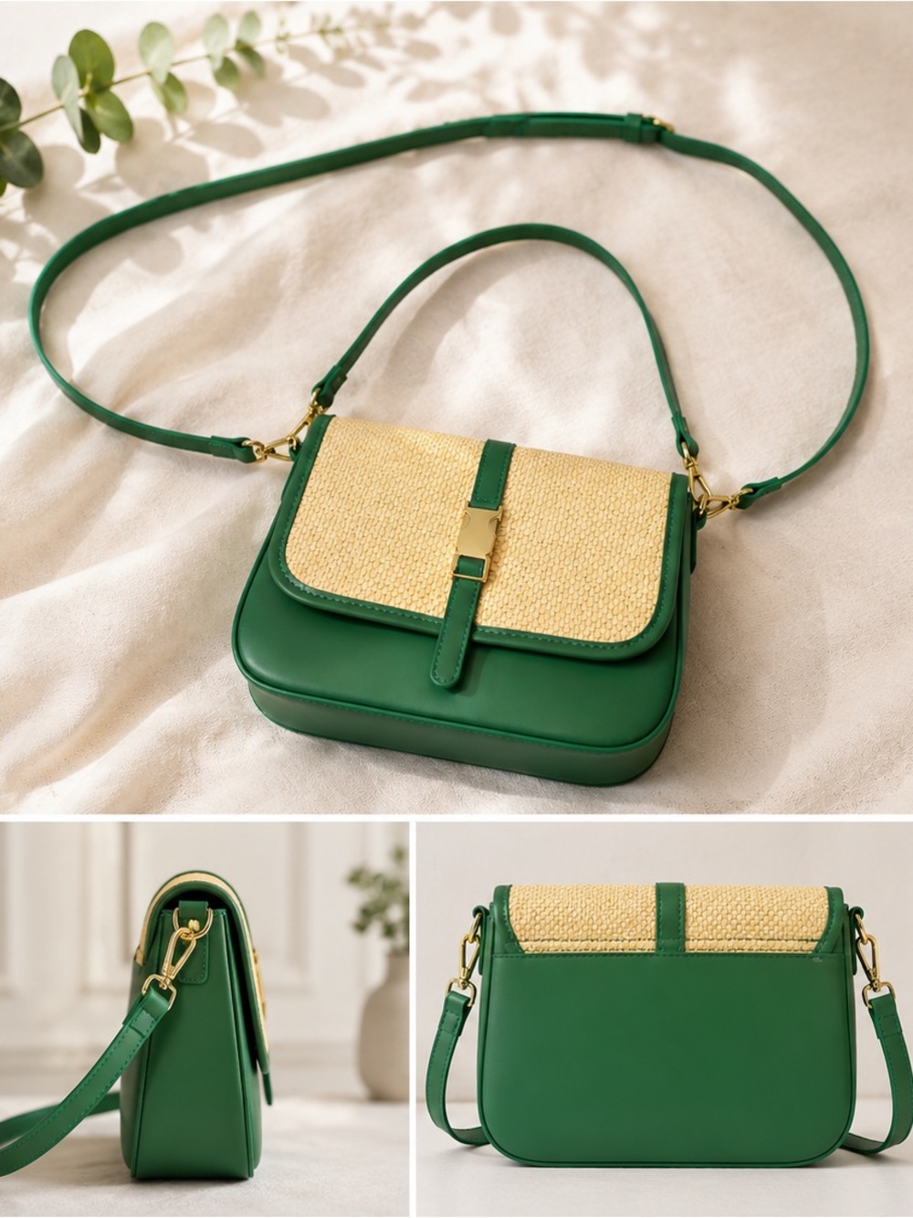 Stella Bianca Green and Straw Crossbody Satchel - Elegant Women's Shoulder Bag